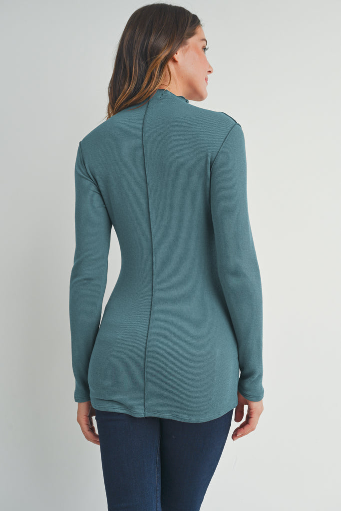Dusty Green Mock Neck Merrow Edge Detail Maternity Back View