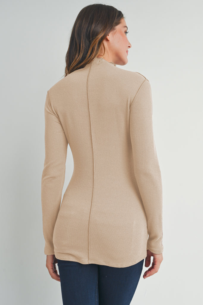 Taupe Mock Neck Merrow Edge Detail Maternity Top Back