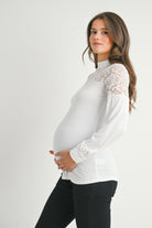 Off White Floral Lace Long Sleeve Mock Neck Maternity Top Side View