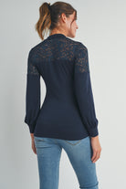 Navy Floral Lace Long Sleeve Mock Neck Maternity Top Back View