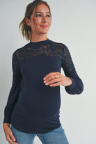 Navy Floral Lace Long Sleeve Mock Neck Maternity Top Front View