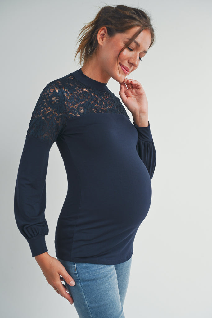 Navy Floral Lace Long Sleeve Mock Neck Maternity Top Side View