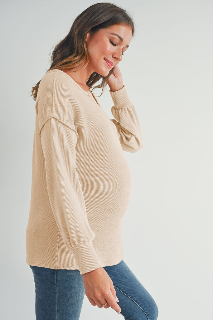 Oatmeal Rib Knit Split Neck Maternity Top Side