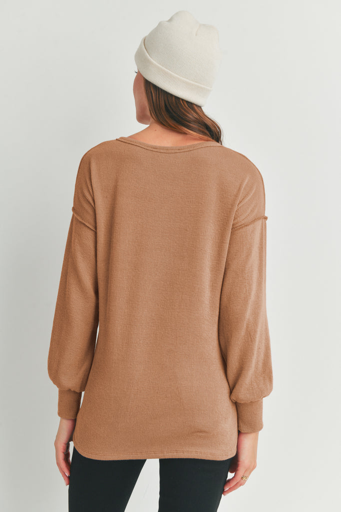 Camel Rib Knit Split Neck Maternity Top Back