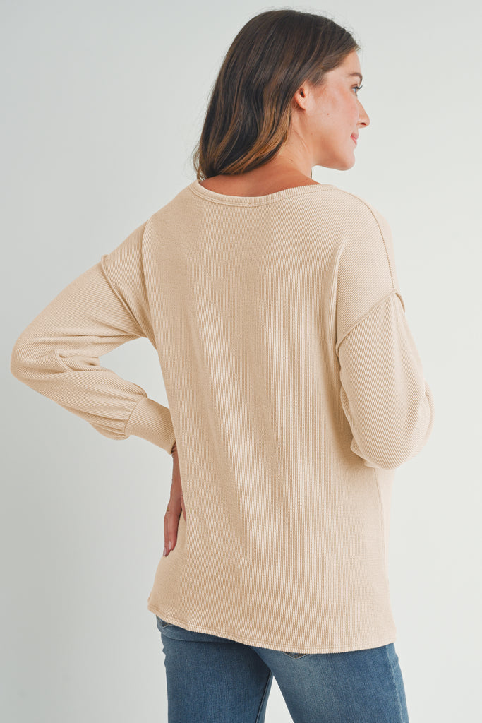 Oatmeal Rib Knit Split Neck Maternity Top Back