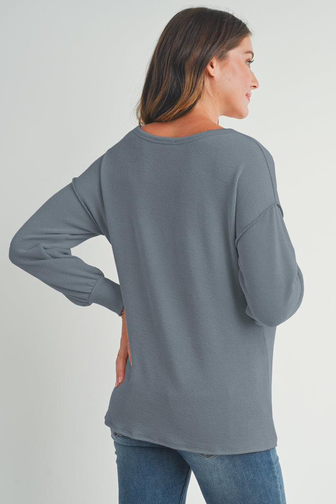 Silver Rib Knit Split Neck Maternity Top Back