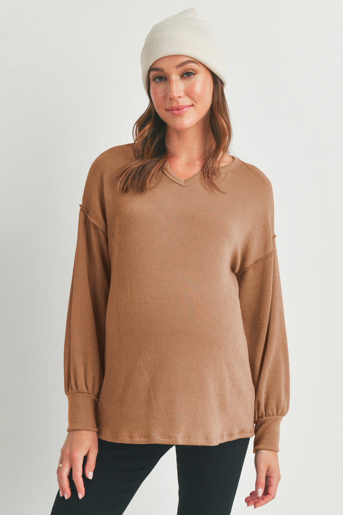 Camel Rib Knit Split Neck Maternity Top Front