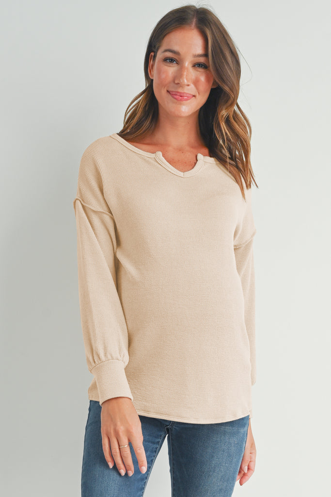 Oatmeal Rib Knit Split Neck Maternity Top Front