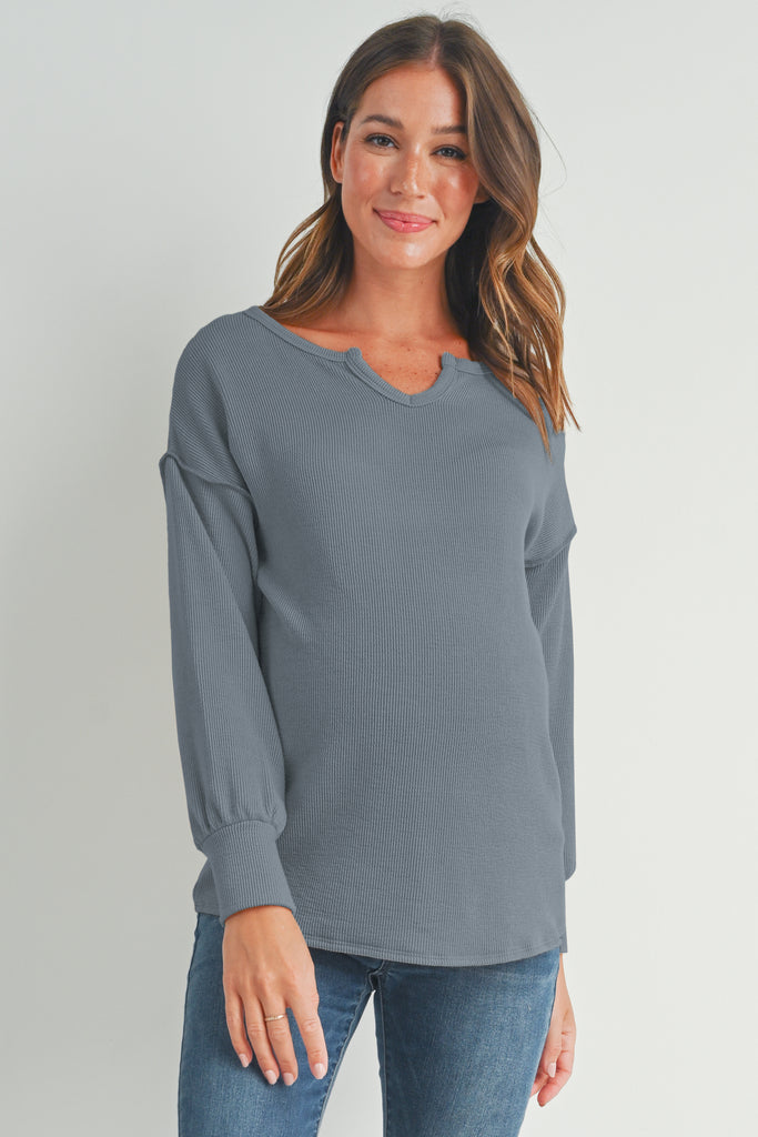 Silver Rib Knit Split Neck Maternity Top Front