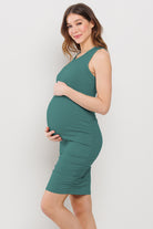 Green Basic Tank Top Maternity Dress with Side Ruching Side