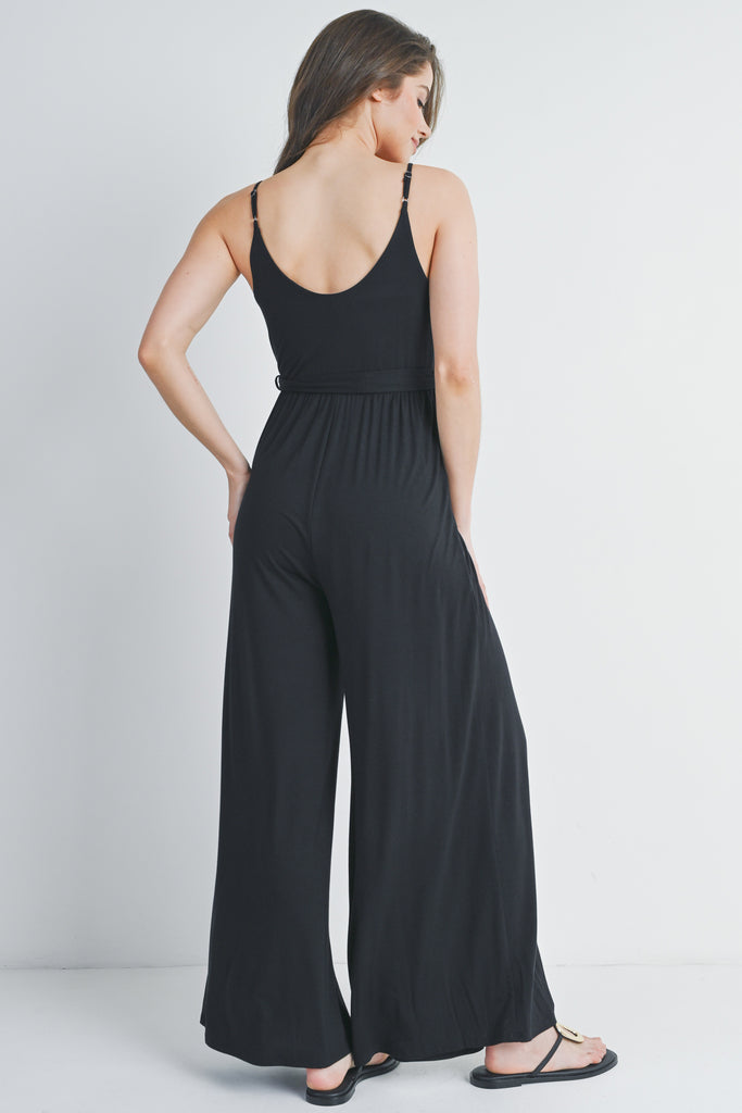 Black Spaghetti Strap V-Neck Split Hem Maternity Jumpsuit Back View