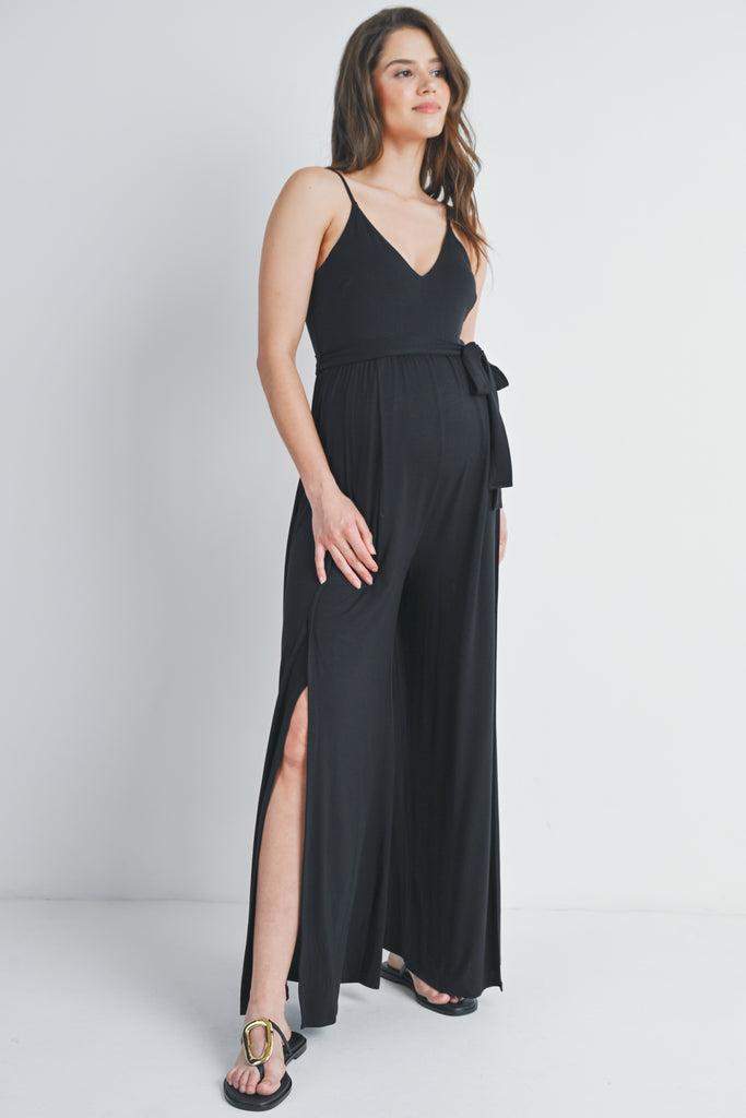 Black Spaghetti Strap V-Neck Split Hem Maternity Jumpsuit Side View