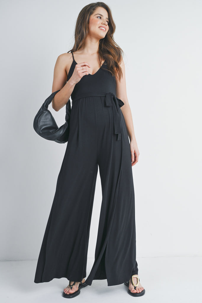 Black Spaghetti Strap V-Neck Split Hem Maternity Jumpsuit Front View