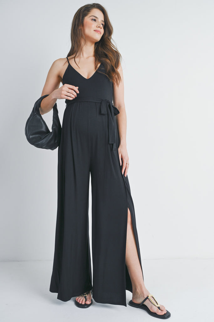 Black Spaghetti Strap V-Neck Split Hem Maternity Jumpsuit Front View