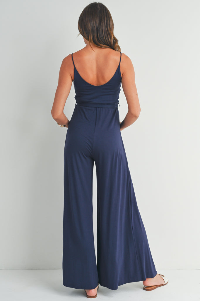 Navy Spaghetti Strap V-Neck Split Hem Maternity Jumpsuit Back View