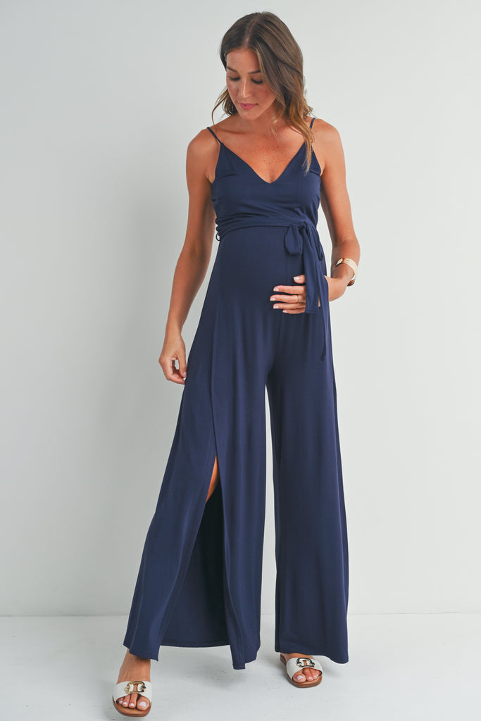 Navy Spaghetti Strap V-Neck Split Hem Maternity Jumpsuit Front View