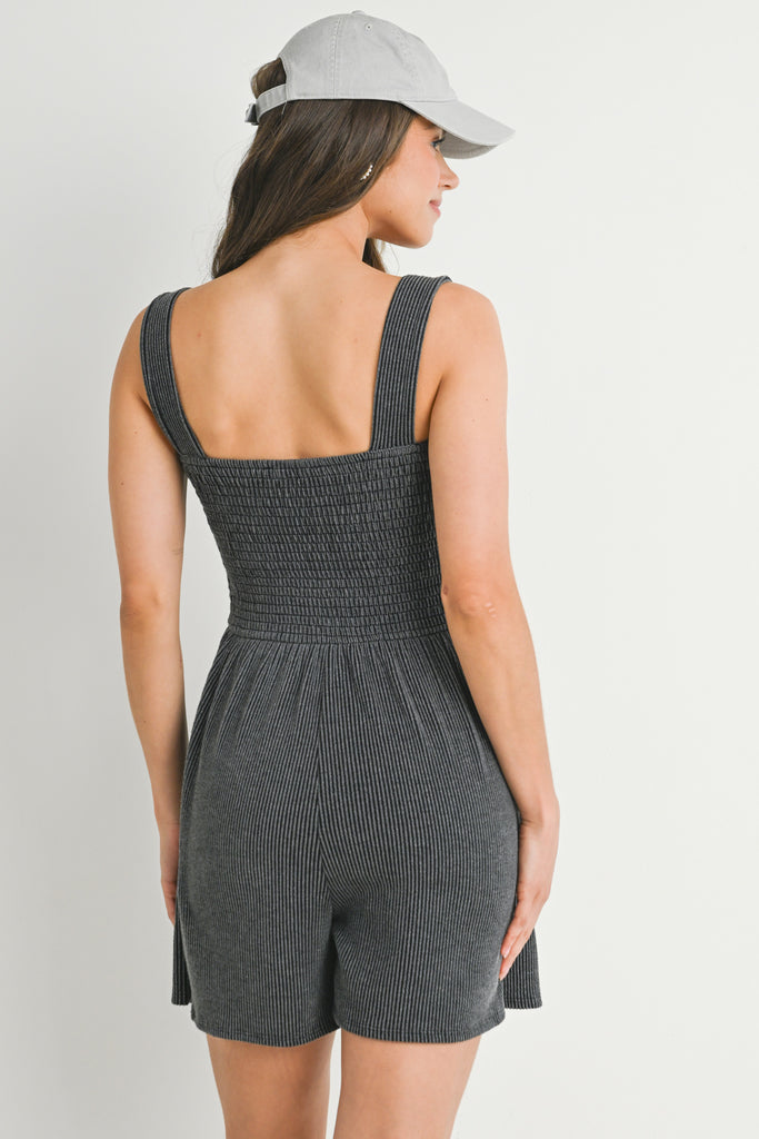 Charcoal Sleeveless Smocked Maternity Romper Back View