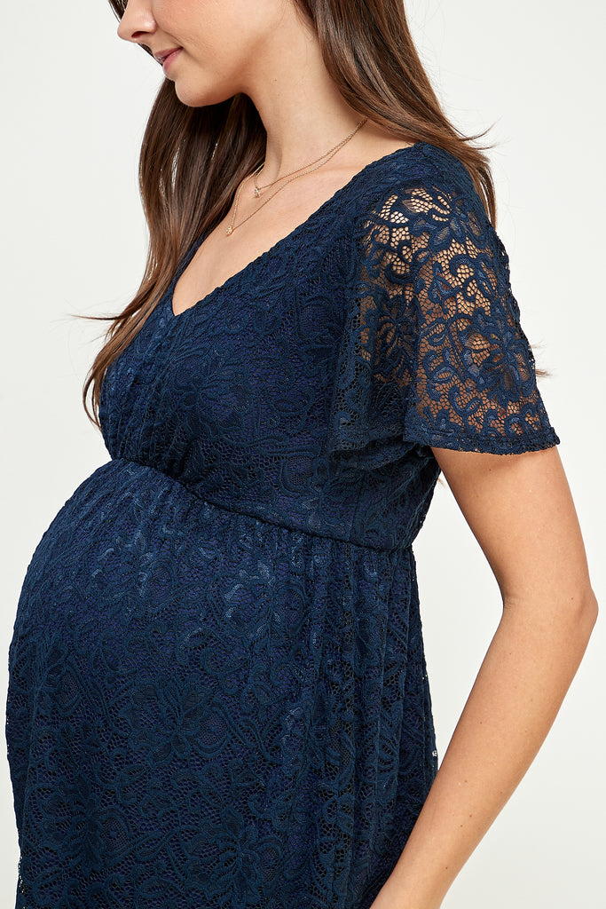 Navy V-Neck Lace Maternity Mini Dress 