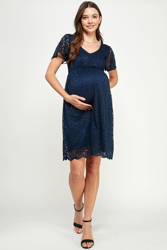 Navy V-Neck Lace Maternity Mini Dress 