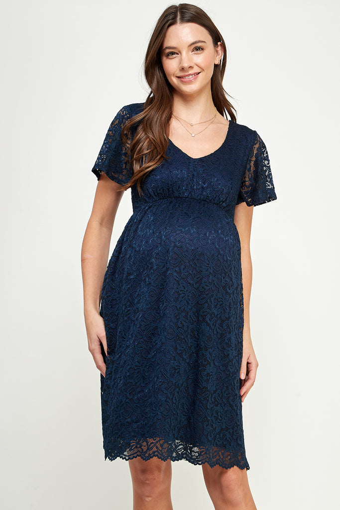 Navy V-Neck Lace Maternity Mini Dress 