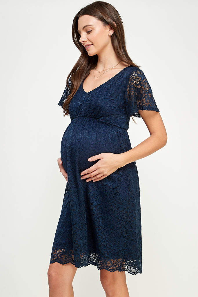 Navy V-Neck Lace Maternity Mini Dress 