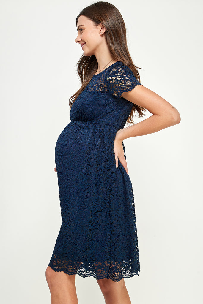 Navy Short Sleeve Lace Maternity Swing Dress