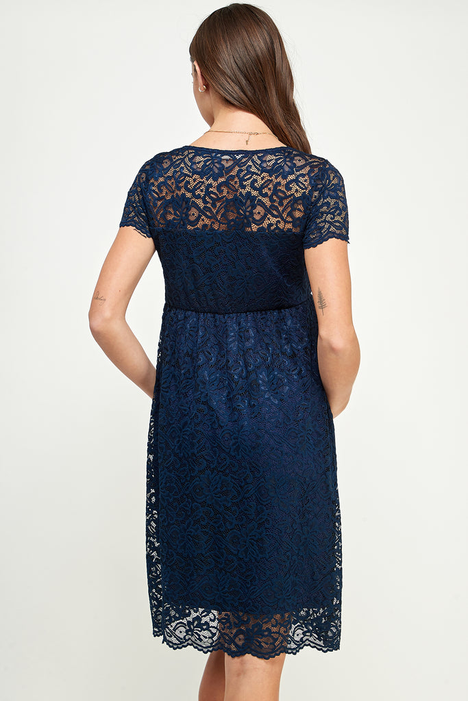 Navy Short Sleeve Lace Maternity Swing Dress