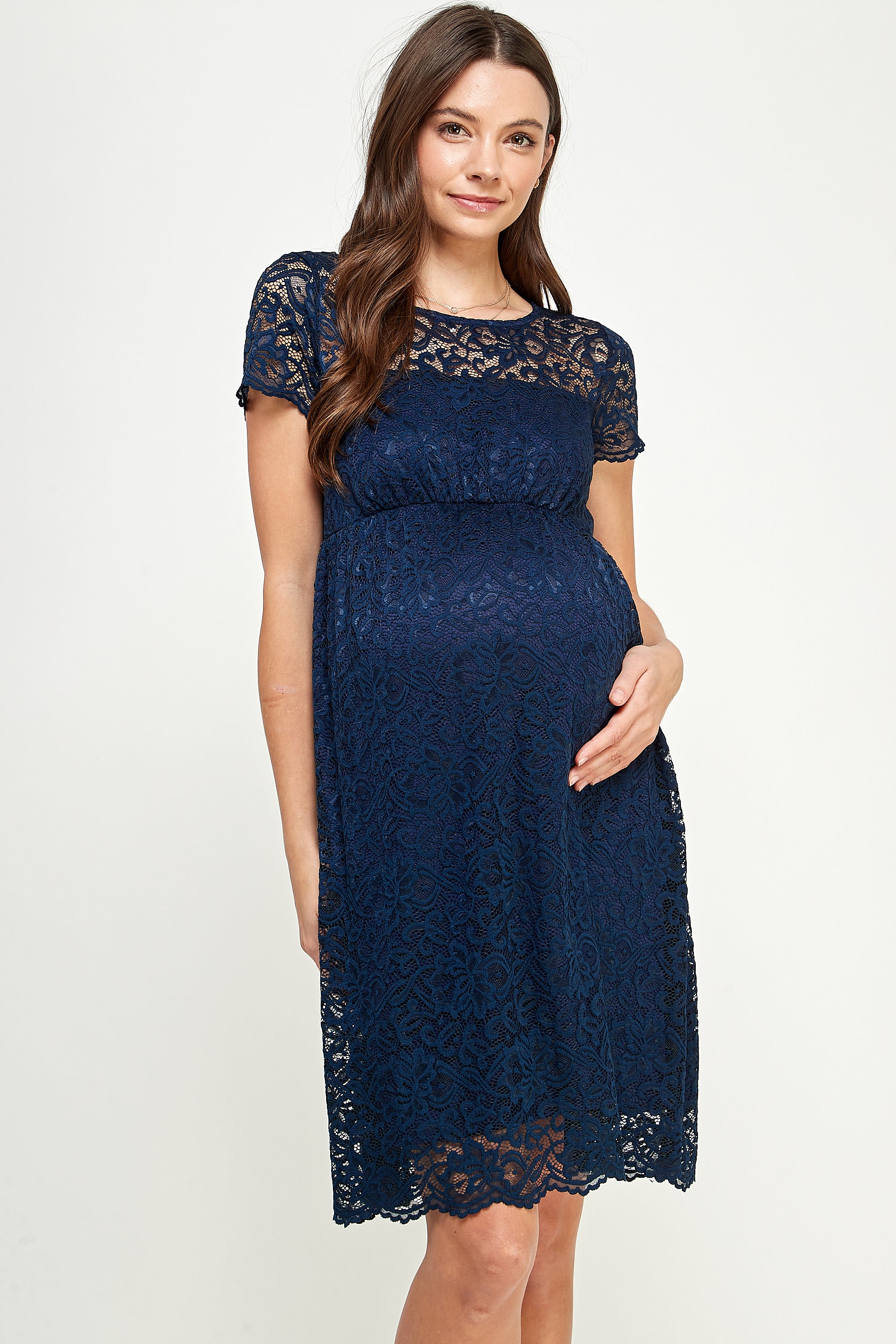 Short Sleeve Lace Maternity Swing Dress Navy / X-Large Short Sleeve Lace Maternity Swing Dress Navy / X-Large