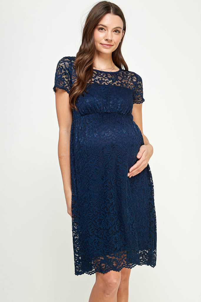 Navy Short Sleeve Lace Maternity Swing Dress