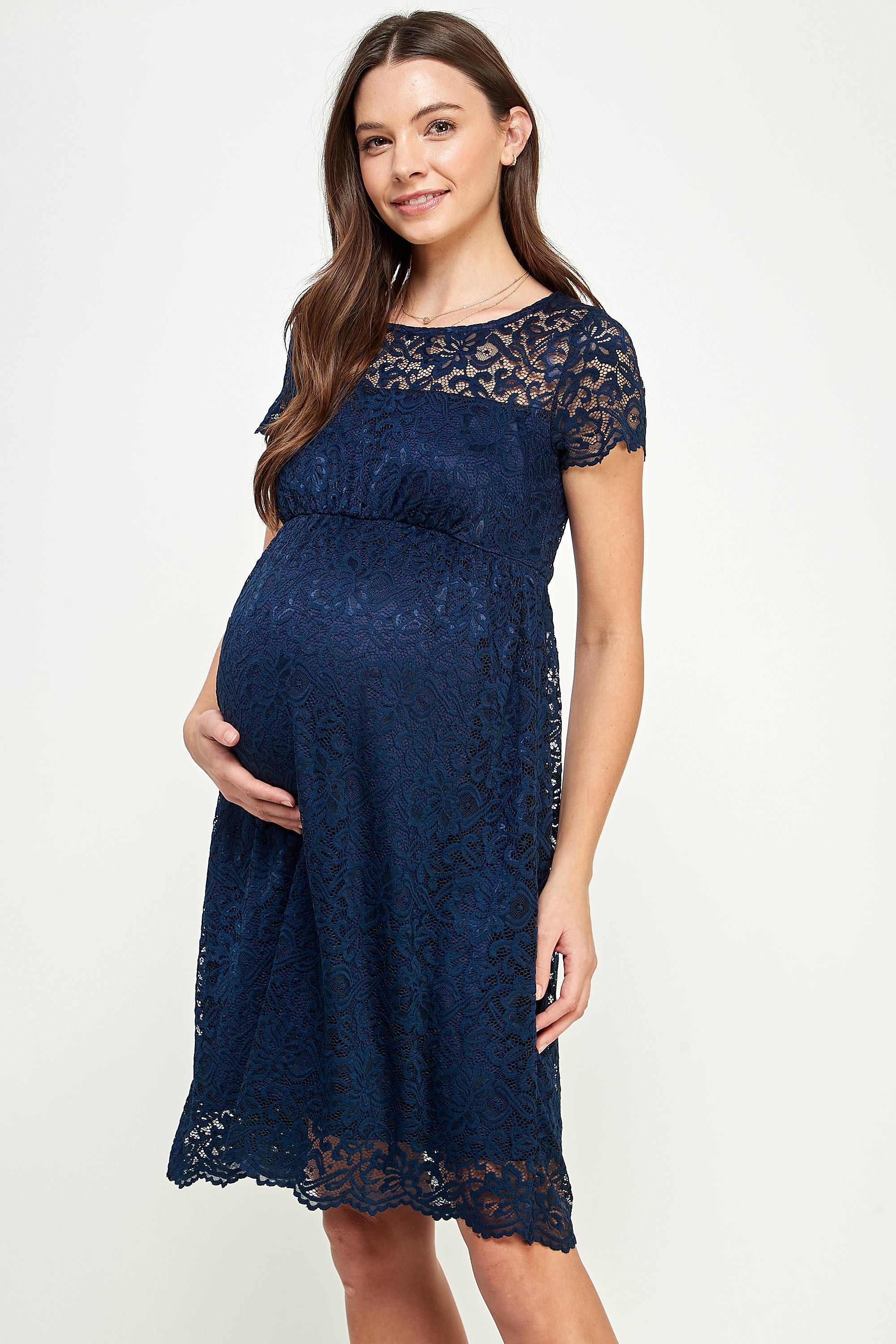 Navy Short Sleeve Lace Maternity Swing Dress