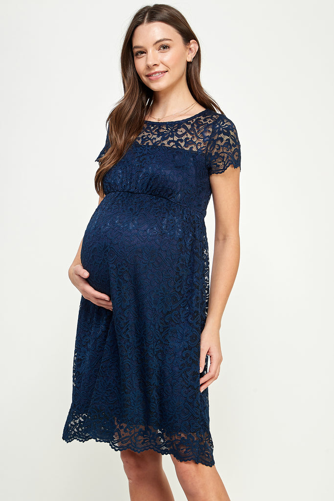 Navy Short Sleeve Lace Maternity Swing Dress