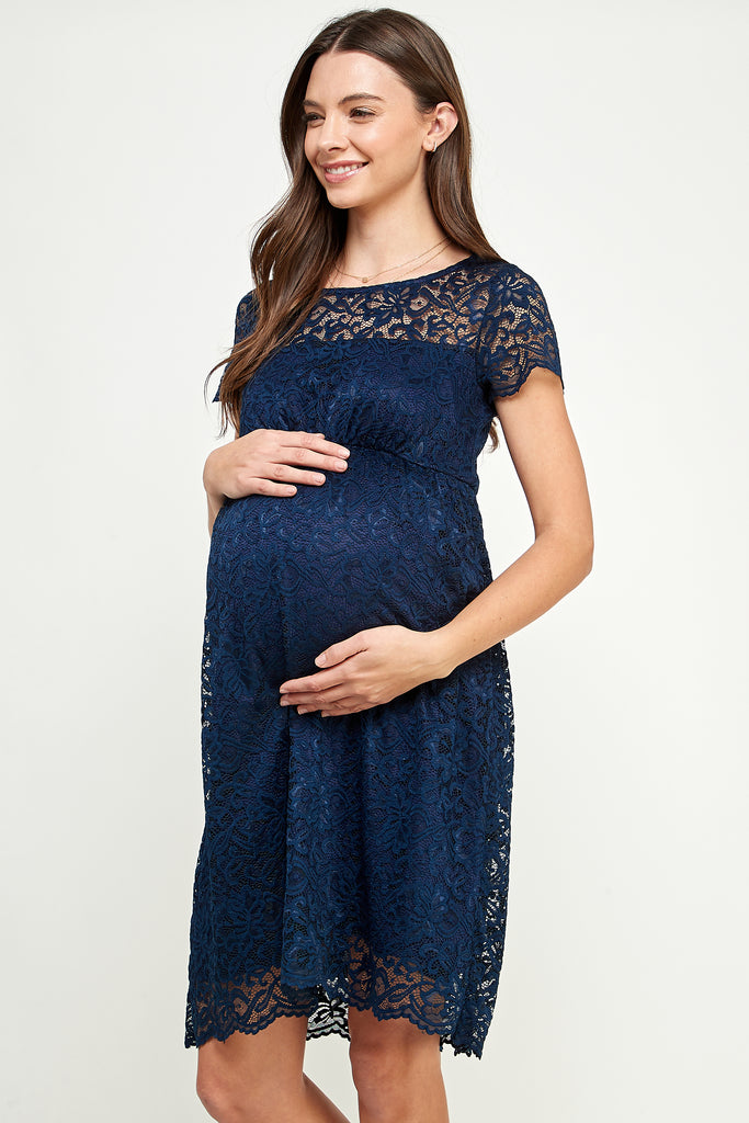 Navy Short Sleeve Lace Maternity Swing Dress