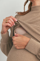 Taupe Mock Neck Ribbed Maternity Nursing Dress Nursing Opening Detail