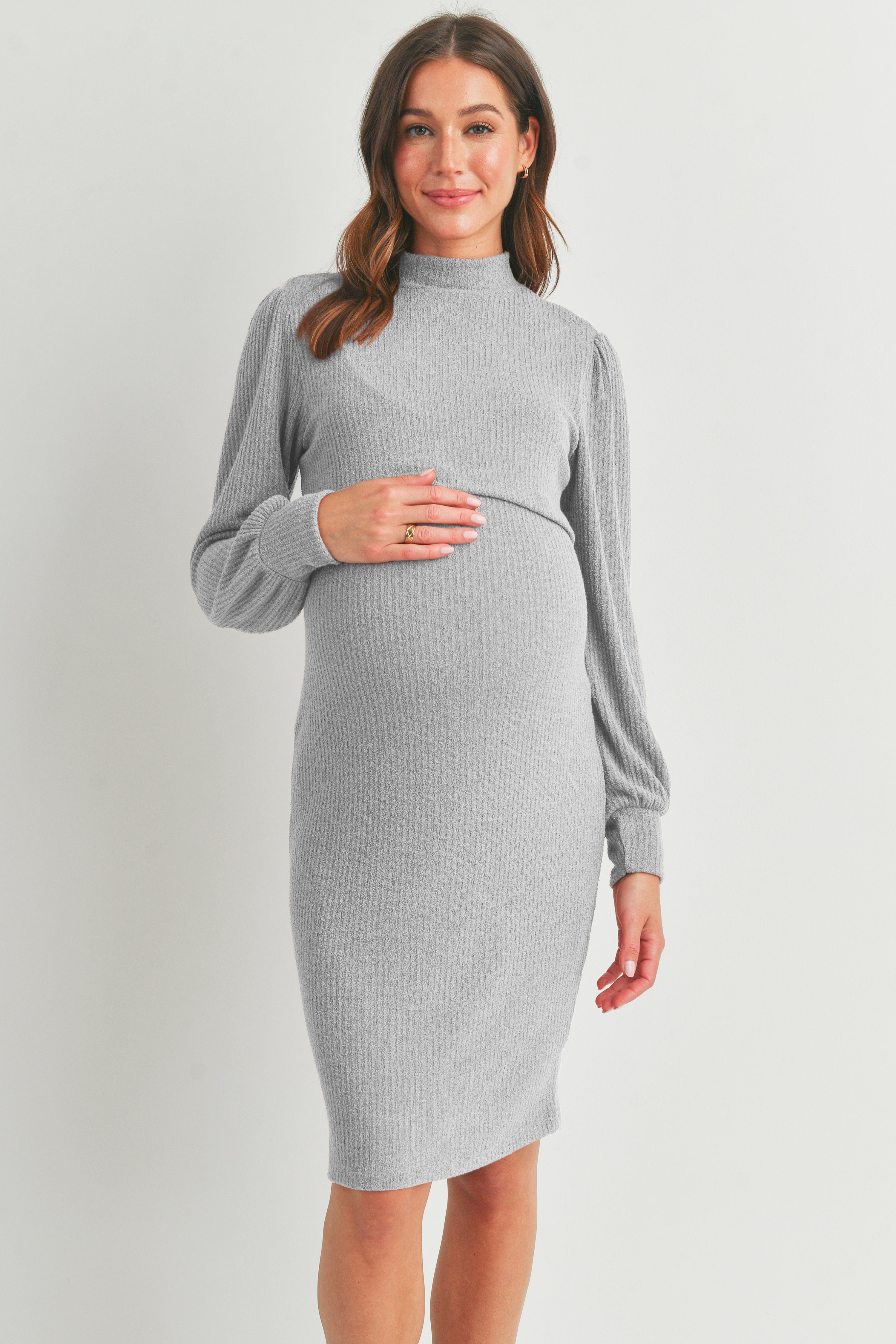 Mock Neck Ribbed Maternity Nursing Dress HEATHER GREY / SMALL Mock Neck Ribbed Maternity Nursing Dress HEATHER GREY / SMALL