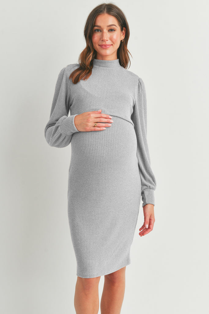 Heather Grey Mock Neck Ribbed Maternity Nursing Dress Front