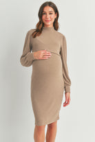 Taupe Mock Neck Ribbed Maternity Nursing Dress Front