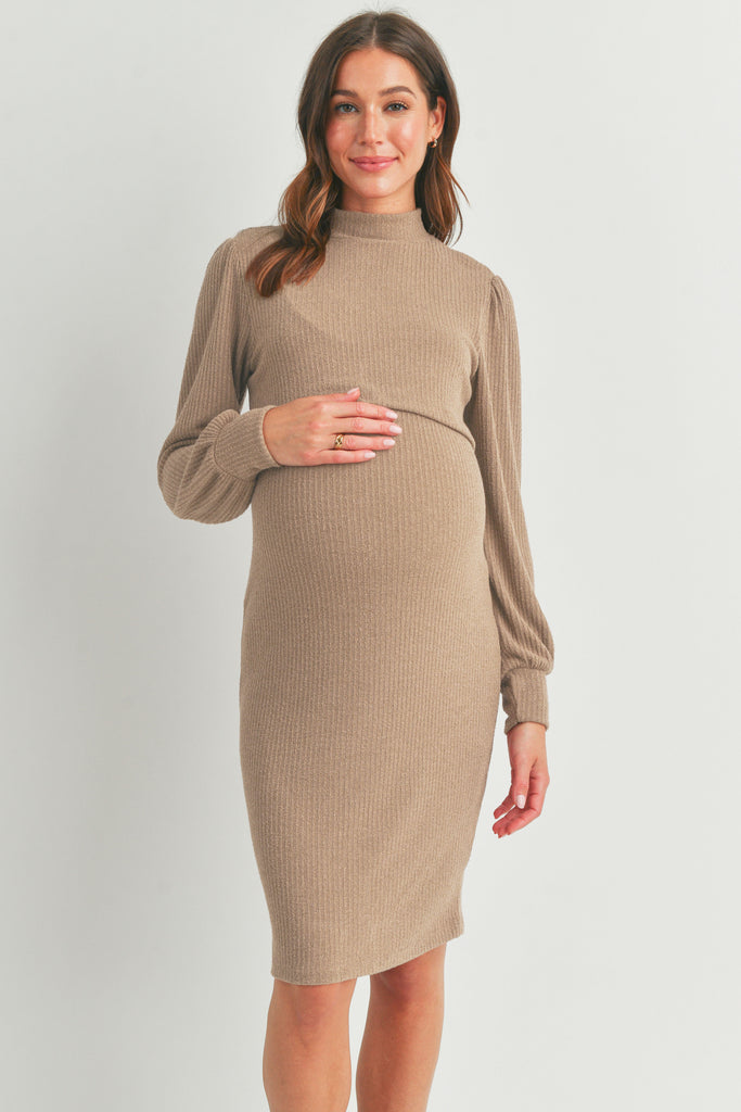 Taupe Mock Neck Ribbed Maternity Nursing Dress Front