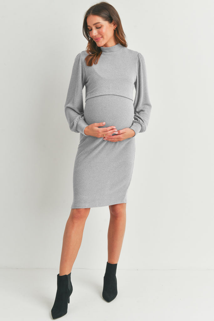 Heather Grey Mock Neck Ribbed Maternity Nursing Dress Full Body