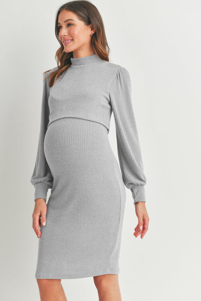 Heather Grey Mock Neck Ribbed Maternity Nursing Dress Side