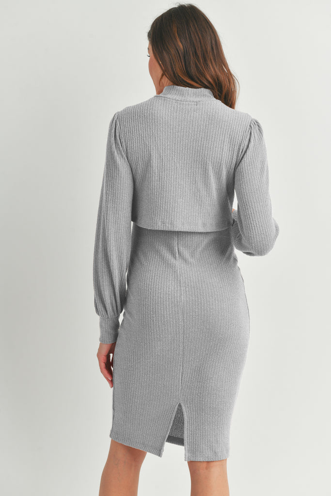 Heather Grey Mock Neck Ribbed Maternity Nursing Dress Back