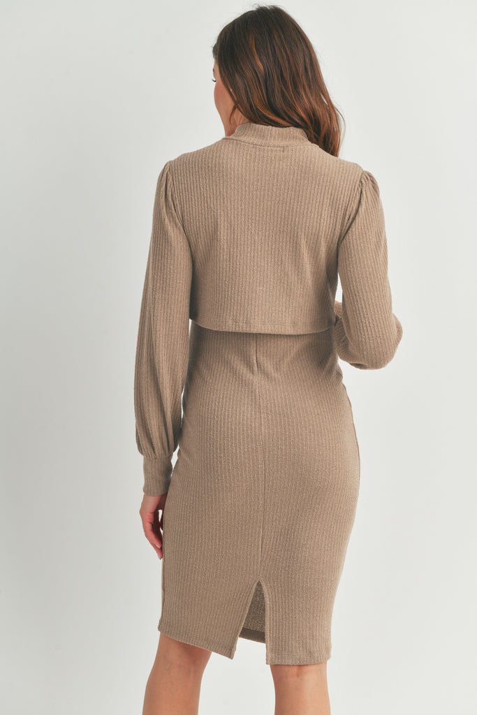 Taupe Mock Neck Ribbed Maternity Nursing Dress Back