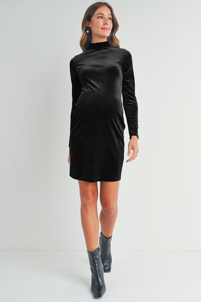 Black Velvet Mock Neck Long Sleeve Maternity Mini Dress with Back Zipper Full Body
