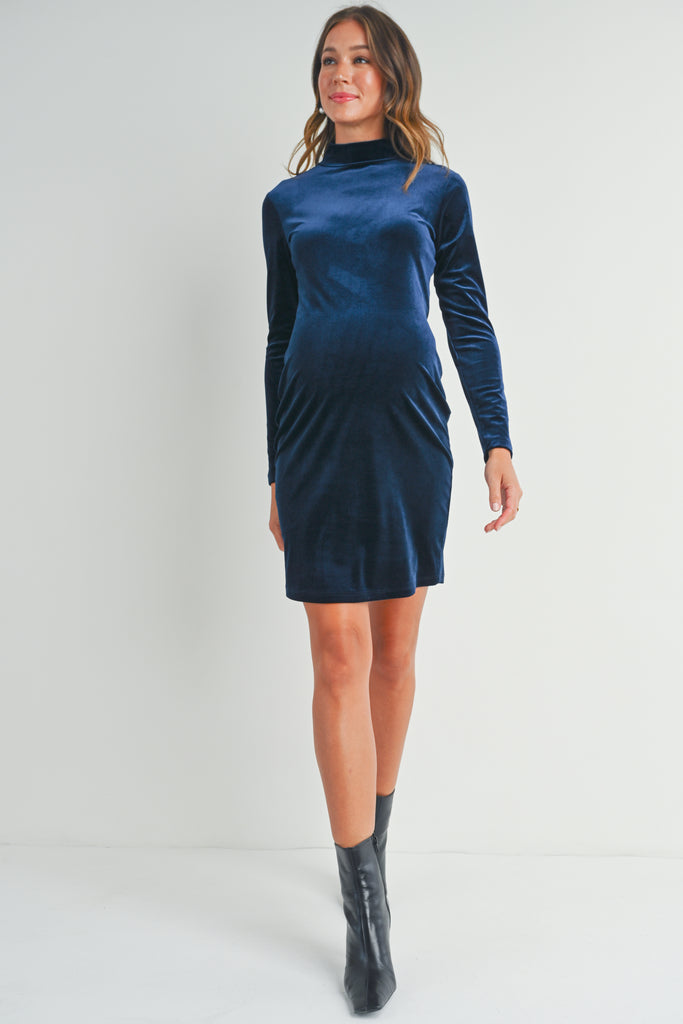 Navy Velvet Mock Neck Long Sleeve Maternity Mini Dress with Back Zipper Full Body