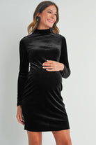 Black Velvet Mock Neck Long Sleeve Maternity Mini Dress with Back Zipper Front