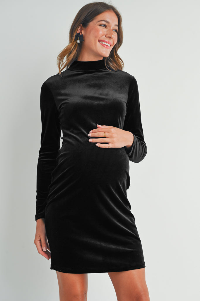 Black Velvet Mock Neck Long Sleeve Maternity Mini Dress with Back Zipper Front