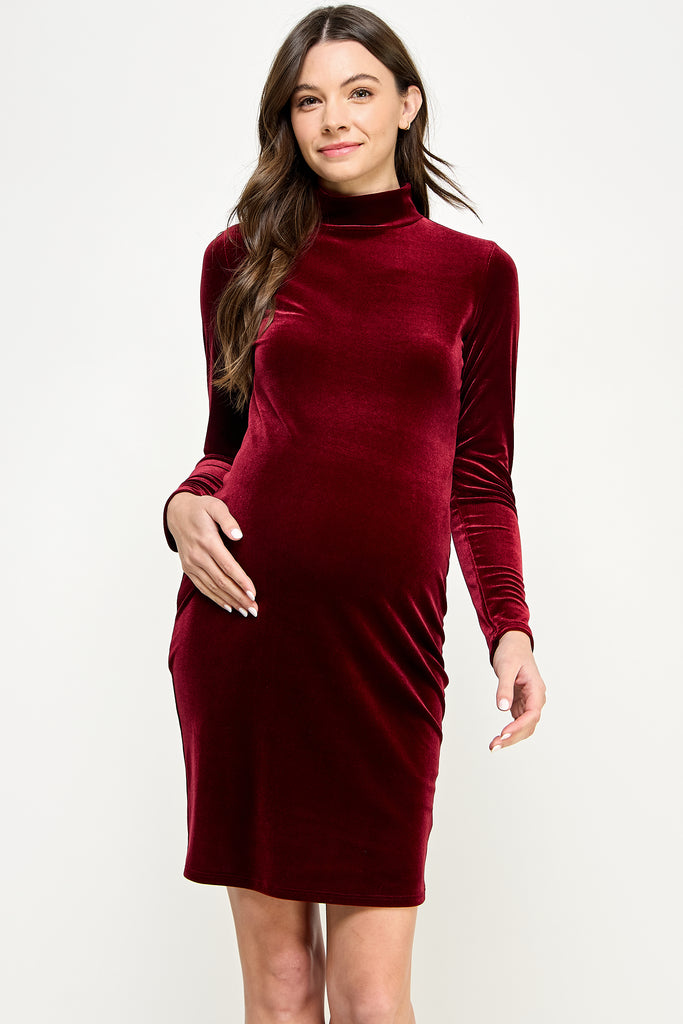Burgundy Velvet Mock Neck Long Sleeve Maternity Mini Dress with Back Zipper Front