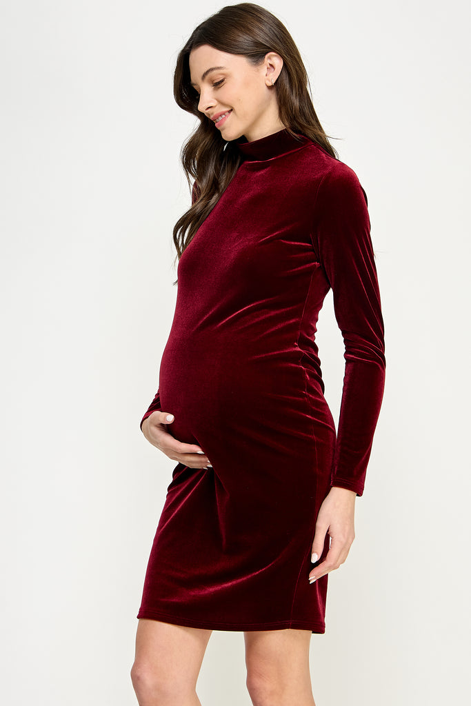 Burgundy Velvet Mock Neck Long Sleeve Maternity Mini Dress with Back Zipper Side