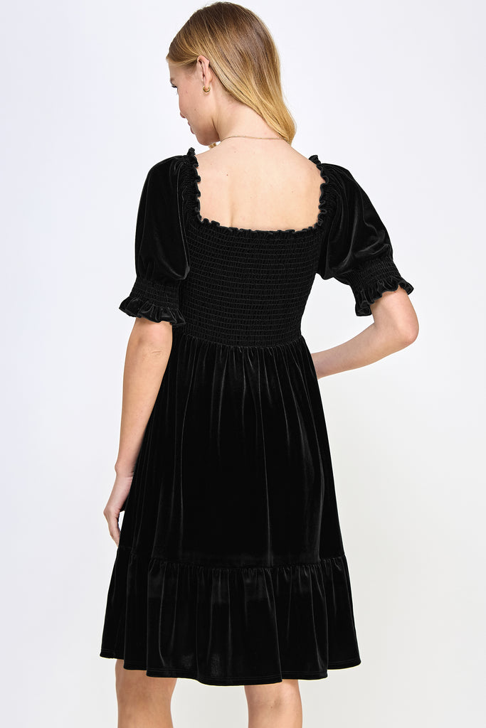Black Velvet Puff Sleeve Smocked Maternity Dress Back