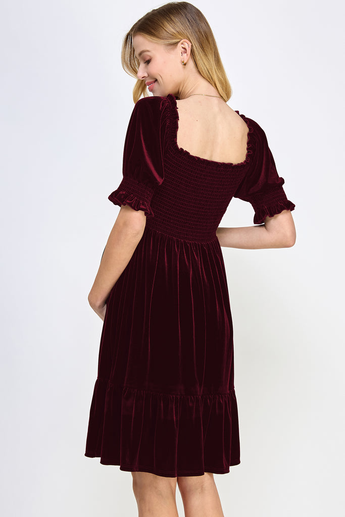 Burgundy Velvet Puff Sleeve Smocked Maternity Dress Back