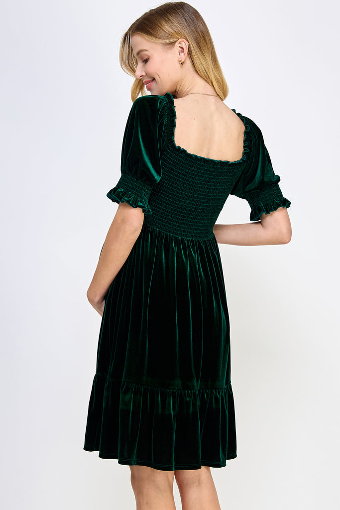 Hunter Green Velvet Puff Sleeve Smocked Maternity Dress Back